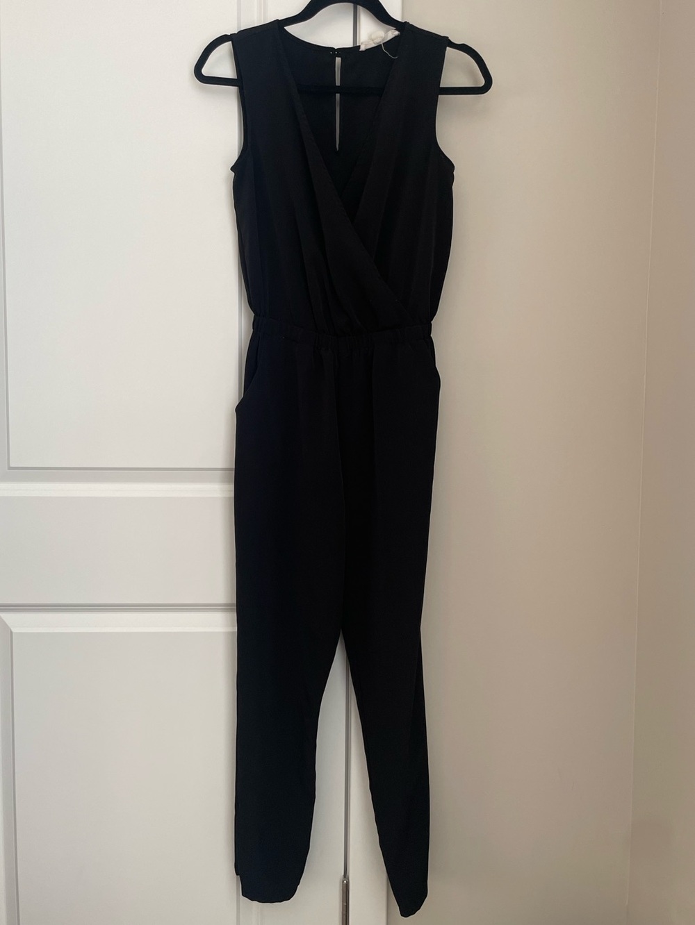 One Clothing Sleeveless Faux Wrap V-Neck Jumpsuit Tapered Leg Black
